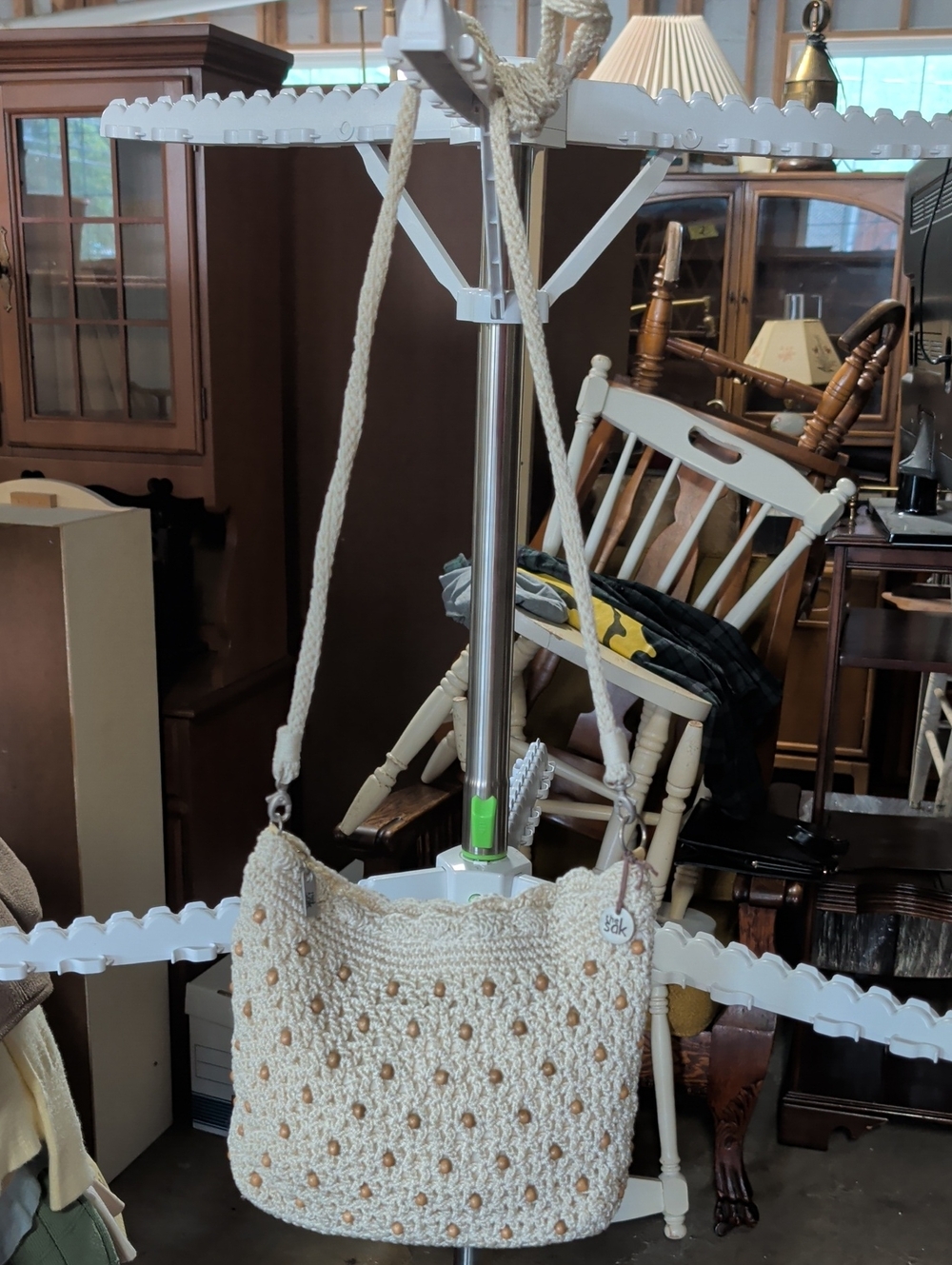 Vintage The Sak Crochet Beaded Crossbody Bag Cream Boho 90s Y2K with Logo Charm